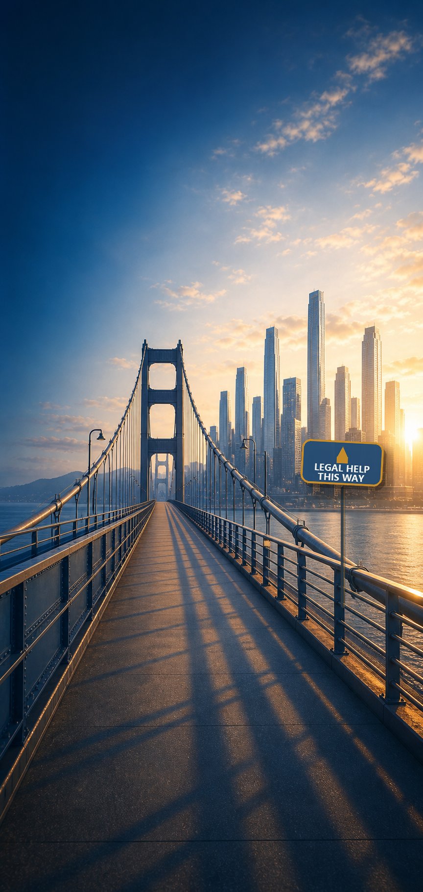 A footbridge leading toward a city skyline at sunrise, with a roadside sign reading Legal Help This Way